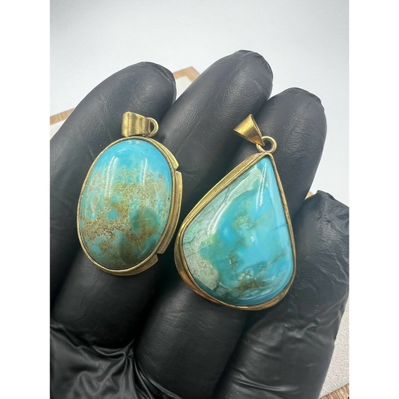 8 Natural Persian Turquoise Pendants Metal Brass Bulk Lot - Picture 10 of 10